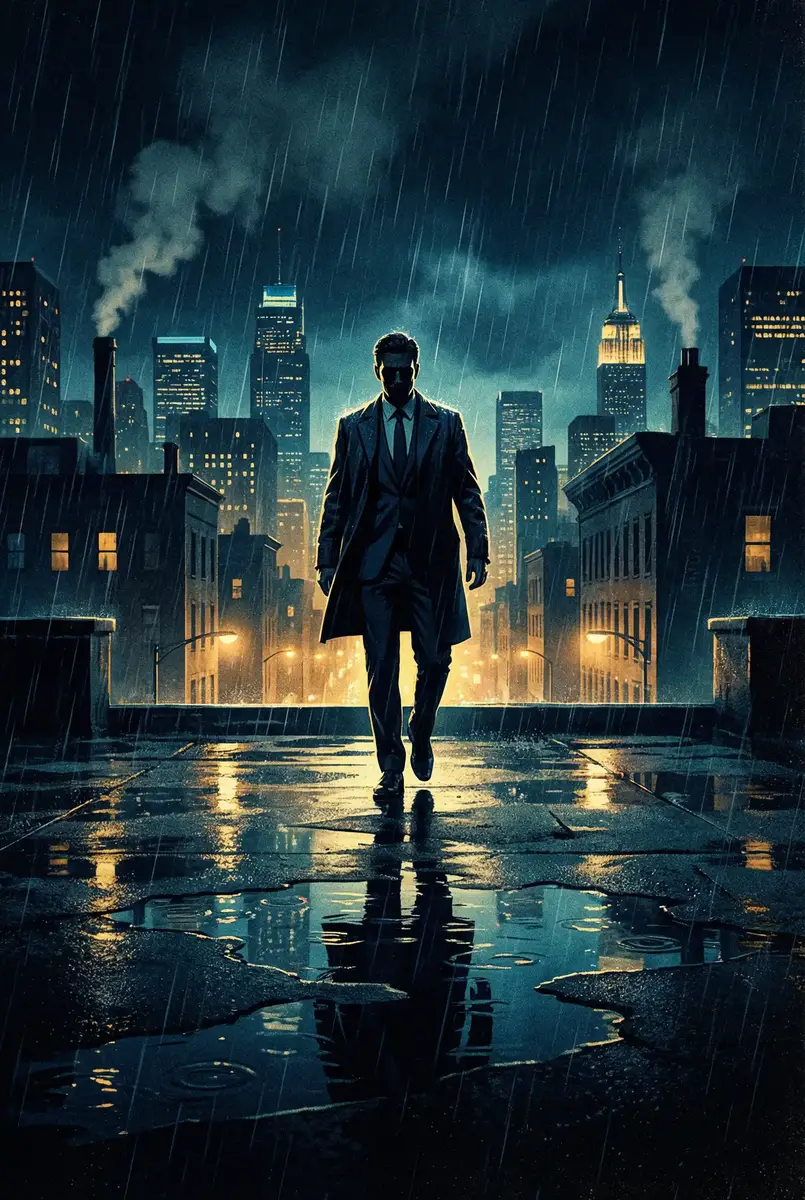 古寨情缘 出品影片《雨夜独行者》海报，雨中城市屋顶男性剪影